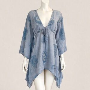 Sacred Threads Light Blue Embroidered Women's Swim Cover-Up Tunic